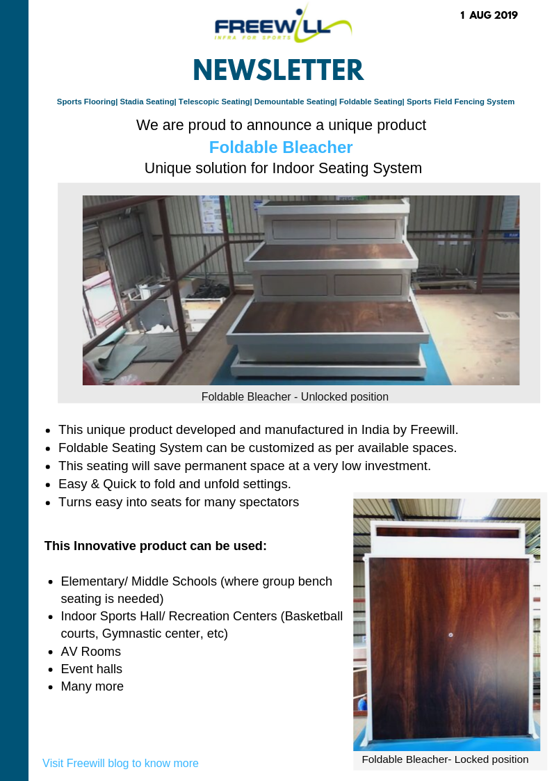 Freewill newsletter page introducing the foldable bleacher