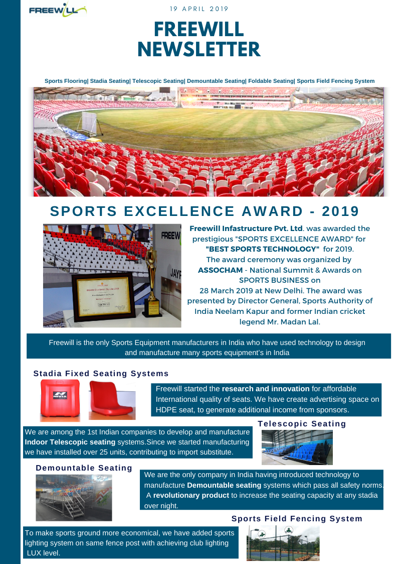 Freewill newsletter page covering the Sports Excellence Award 2019