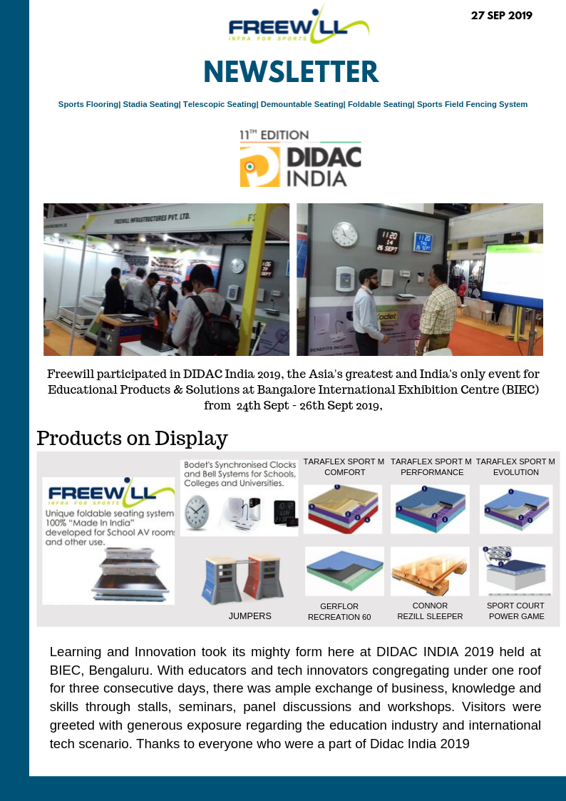 Freewill newsletter page covering the DIDAC India 2019 exhibition